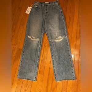 Abrand Women's High Rise relaxed for straight leg Jeans - Distressed Blue